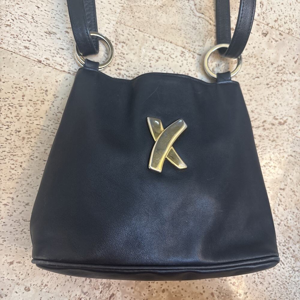 Vintage Paloma Picasso Black Leather Adjustable Crossbody Brass Hardware